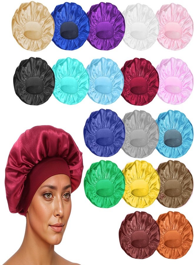 COMNICO Large Satin Bonnets for Sleeping, 18 Pcs Elastic Wide Band Hair Bonnets Soft Silky Sleep Cap Solid Color Hairs Wrap Reusable Shower Cap for Black Women Curly Hair Braids - Image 2