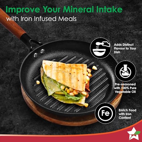 Wonderchef Pre-Seasoned Ferro Light 24cm Grill Pan| 2.5MM | Acacia Wooden Handles | Gravity Moulding Technology | No Chemical Coating |10 Year Warranty - Image 4