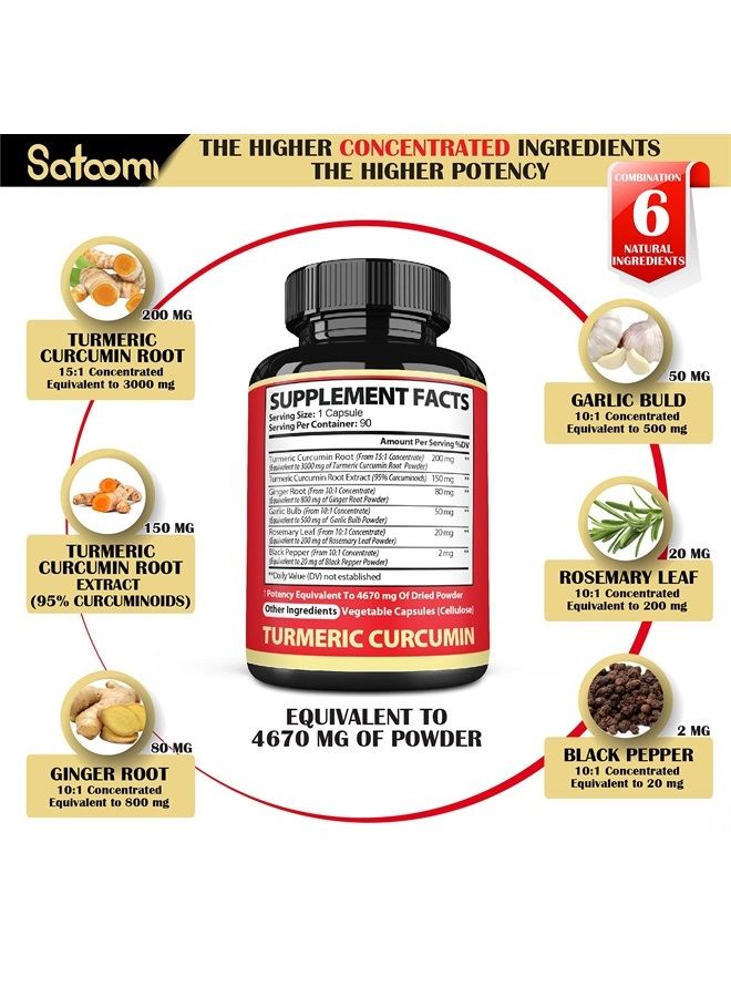 Satoomi مكمل الكركم الكركمين 6IN1 4670MG - إمداد لمدة 3 أشهر - 95% كركمين مع جذر الزنجبيل، فصوص الثوم، إكليل الجبل والفلفل الأسود - مفاصل صحية، مضاد للأكسدة ودعم جهاز المناعة - 90 كبسولة - Image 2