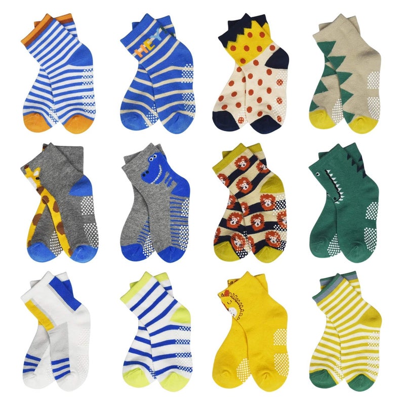 HYCLES Anti Slip Toddler Socks, 12 Pairs Non-Skid Cotton Grip Kid Socks for 3-5T Kids Boy Girl - Image 1