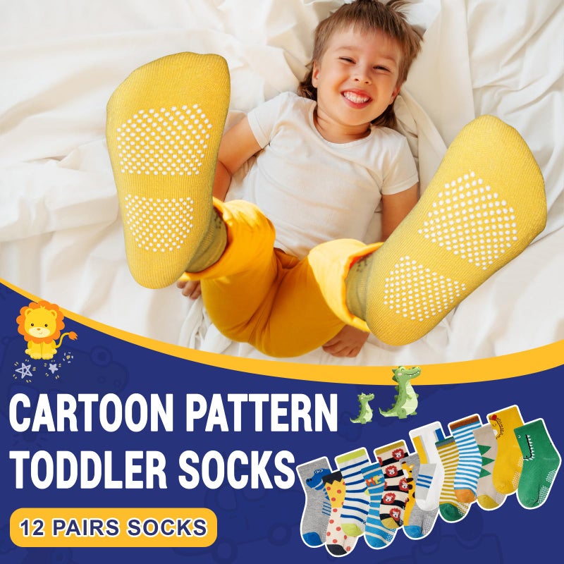 HYCLES Anti Slip Toddler Socks, 12 Pairs Non-Skid Cotton Grip Kid Socks for 3-5T Kids Boy Girl - Image 2