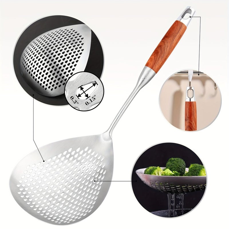 Stainless Steel Colander Strainer Spoon With Long Wooden Handle Slotted Skimmer For Frying Hot Pot Baking Draining Oil Heat Resistant Dishwasher Safe - Image 3
