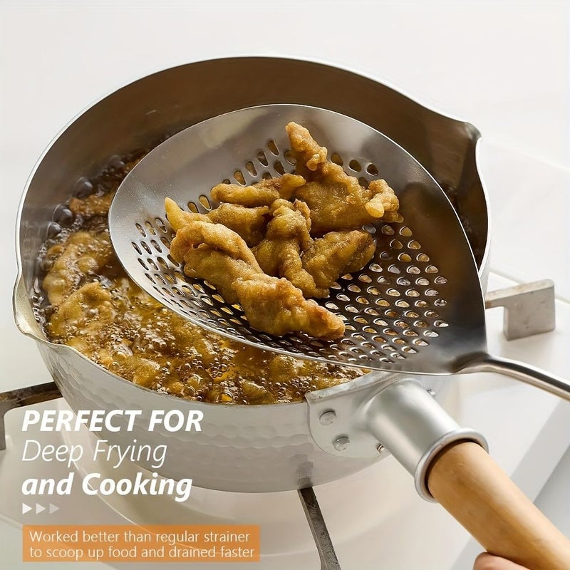 Stainless Steel Colander Strainer Spoon With Long Wooden Handle Slotted Skimmer For Frying Hot Pot Baking Draining Oil Heat Resistant Dishwasher Safe - Image 5