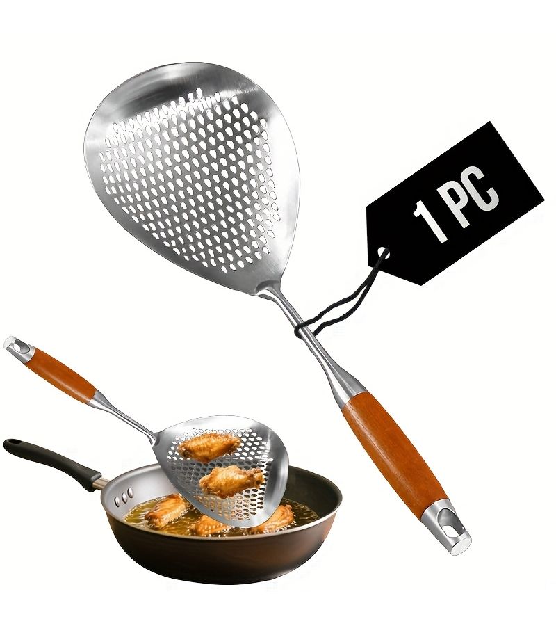 Stainless Steel Colander Strainer Spoon With Long Wooden Handle Slotted Skimmer For Frying Hot Pot Baking Draining Oil Heat Resistant Dishwasher Safe - Image 2