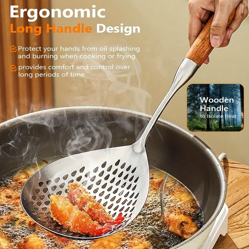 Stainless Steel Colander Strainer Spoon With Long Wooden Handle Slotted Skimmer For Frying Hot Pot Baking Draining Oil Heat Resistant Dishwasher Safe - Image 1