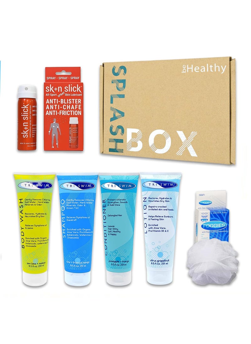 Triswim TRISWIM Serious Swimmers Splash Box | After Swim Body Wash + Swimmers Shampoo and Conditioner + Lotion | Skin Slick Anti-Chafe Spray | Anti-Fog Wipes 