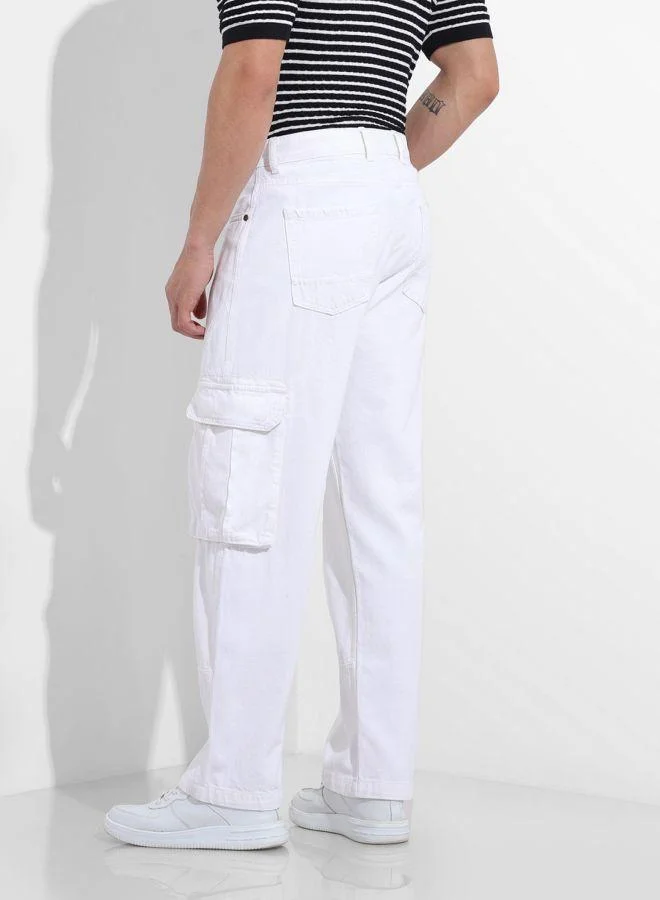 The Indian Garage Co Men Relaxed Fit Solid Cargo Pocket Mid-Rise Jeans