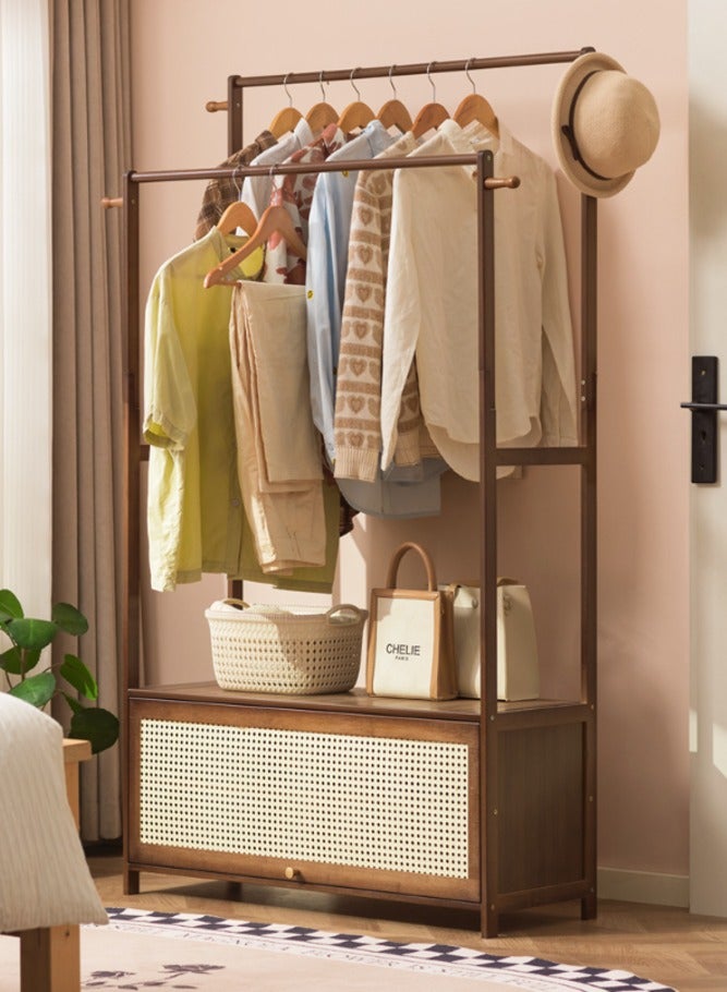 WALALLA Freestanding Clothes Rack with Double-Layer Storage, Integrated Dust-Proof Wardrobe & Coat Rack, Multifunctional Hanging Rack for Bedroom Home Use, Wooden & Rattan Design Clothing Drying & Organization Stand for Bedroom,Brown 89*33*159cm - Image 1