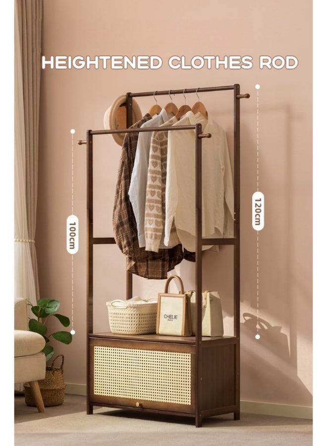 WALALLA Freestanding Clothes Rack with Double-Layer Storage, Integrated Dust-Proof Wardrobe & Coat Rack, Multifunctional Hanging Rack for Bedroom Home Use, Wooden & Rattan Design Clothing Drying & Organization Stand for Bedroom,Brown 89*33*159cm - Image 5