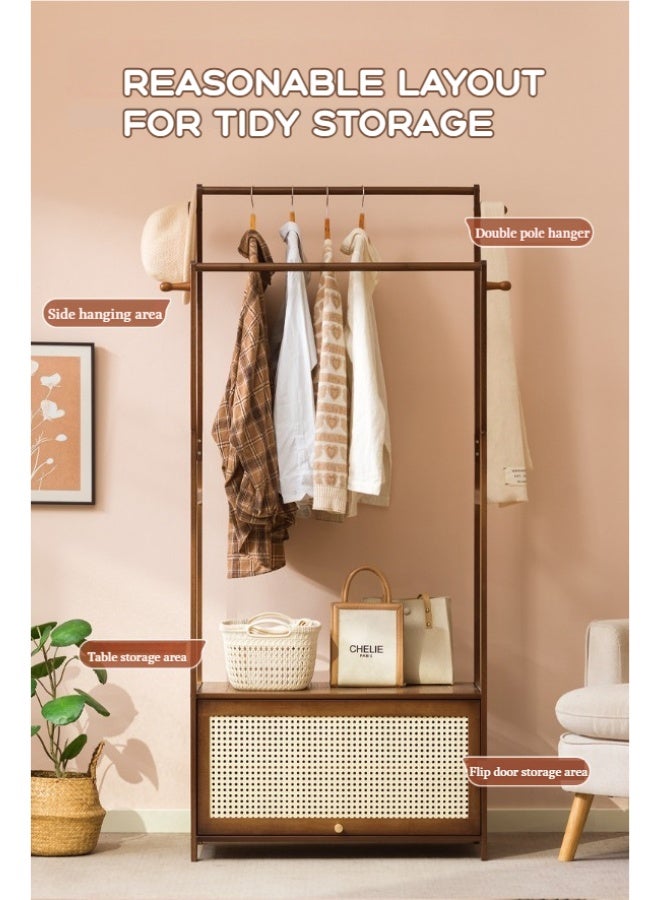 WALALLA Freestanding Clothes Rack with Double-Layer Storage, Integrated Dust-Proof Wardrobe & Coat Rack, Multifunctional Hanging Rack for Bedroom Home Use, Wooden & Rattan Design Clothing Drying & Organization Stand for Bedroom,Brown 89*33*159cm - Image 4