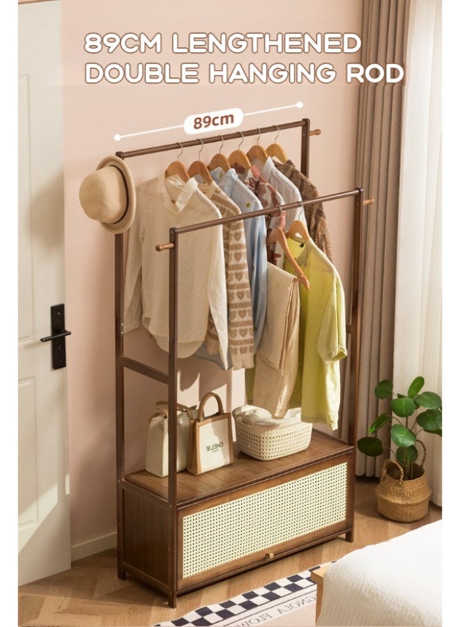 WALALLA Freestanding Clothes Rack with Double-Layer Storage, Integrated Dust-Proof Wardrobe & Coat Rack, Multifunctional Hanging Rack for Bedroom Home Use, Wooden & Rattan Design Clothing Drying & Organization Stand for Bedroom,Brown 89*33*159cm - Image 3