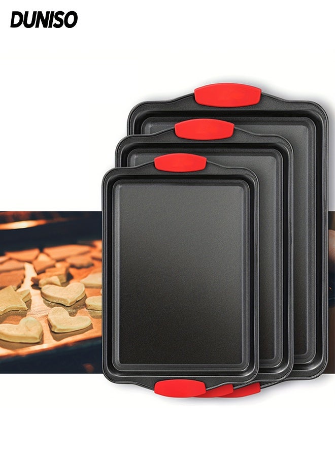 DUNISO مجموعة صواني خبز مستطيلة 3 قطع مع مقابض سيليكون أوسع آمنة للطعام بطبقة غير لاصقة مجموعة أدوات المطبخ القابلة للتكديس مصنوعة من الصلب الكربوني الثقيل سمك صواني الكعك - Image 1