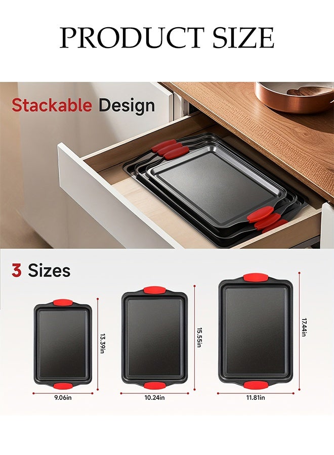 DUNISO مجموعة صواني خبز مستطيلة 3 قطع مع مقابض سيليكون أوسع آمنة للطعام بطبقة غير لاصقة مجموعة أدوات المطبخ القابلة للتكديس مصنوعة من الصلب الكربوني الثقيل سمك صواني الكعك - Image 3
