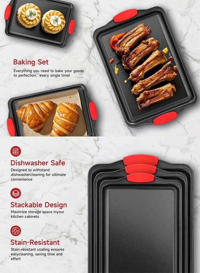 DUNISO مجموعة صواني خبز مستطيلة 3 قطع مع مقابض سيليكون أوسع آمنة للطعام بطبقة غير لاصقة مجموعة أدوات المطبخ القابلة للتكديس مصنوعة من الصلب الكربوني الثقيل سمك صواني الكعك - Image 2