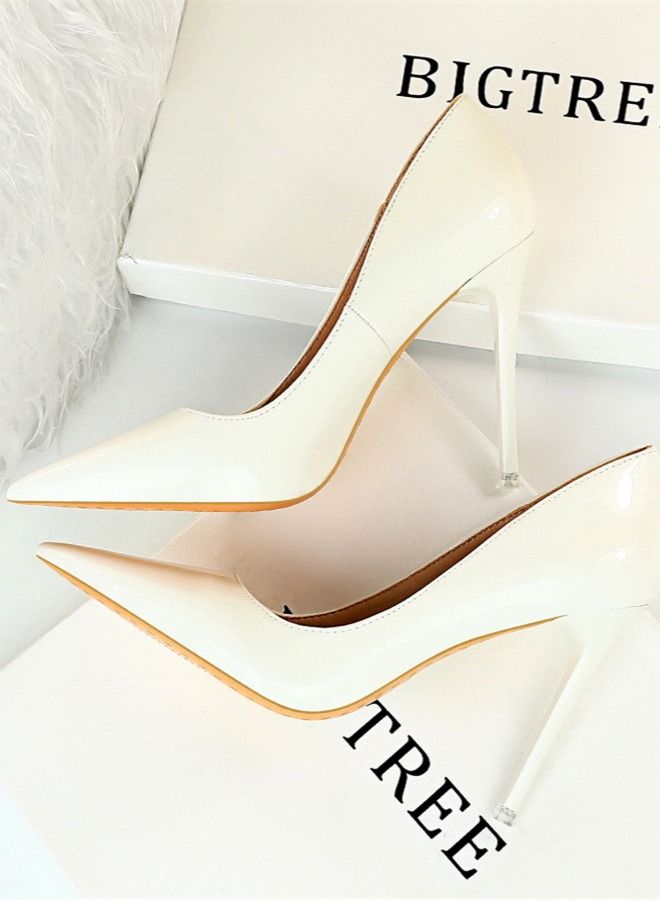 BIGTREE Glossy Patent Leather Shallow Mouth Pointed High-Heeled Shoes 10.5CM White