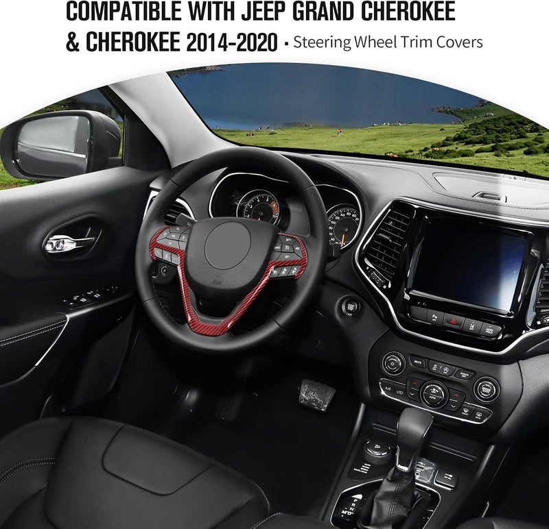 JeCar Steering Wheel Trim Cover Interior Decoration Trim Kit for 2014-2020 Jeep Grand Cherokee & Jeep Cherokee, Red Carbon Fiber - Image 2