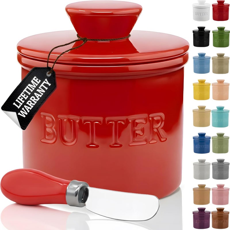 Priority Chef PriorityChef Butter Crock with Lid with Water Line, Ceramic French Butter Dish to Leave On Counter, Red - Image 1
