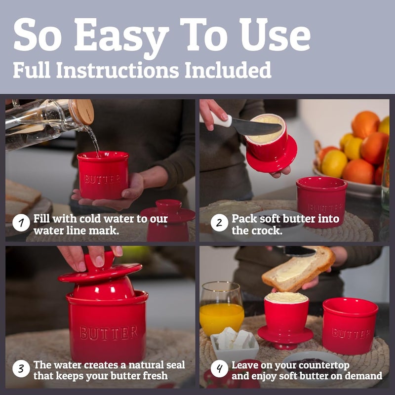 Priority Chef PriorityChef Butter Crock with Lid with Water Line, Ceramic French Butter Dish to Leave On Counter, Red - Image 3