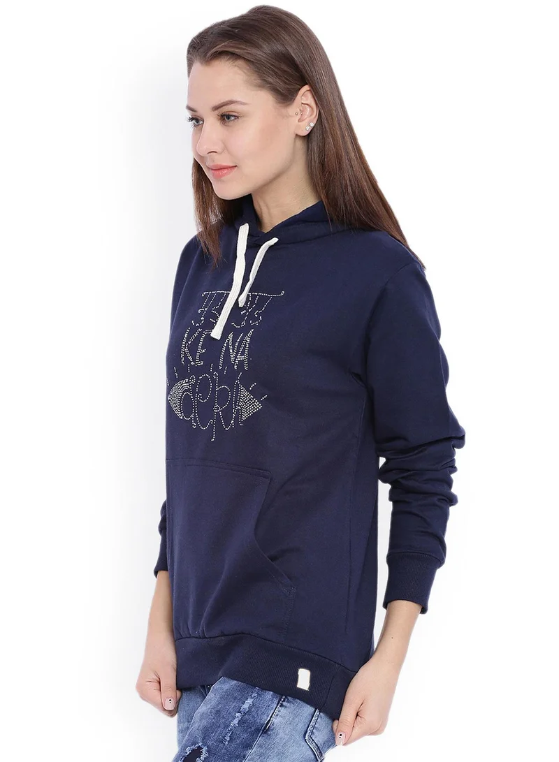 كامبوس سوترا هودي نسائي أزرق داكن مزين بعبارة لا تنظر للوراء