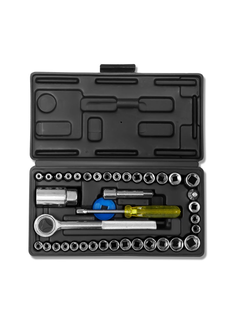 LAWAZIM Combination Socket Wrench Set - 40 Piece - Heavy Duty 1/4" & 3/8" Drive Metric and Imperial Bit Set with Extension Bar and Storage Case - for Car, Motorcycle, and Household Repair Use - Black - Image 1