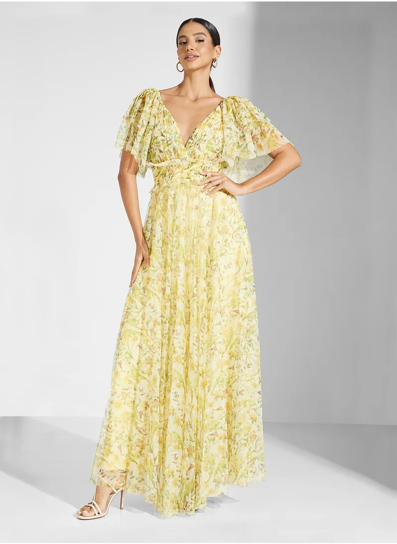 Lace and Beads Floral Seetheart Neck Dress