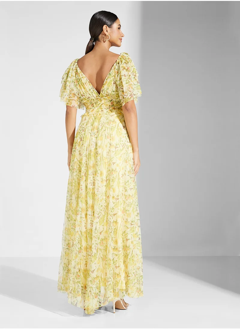 Lace and Beads Floral Seetheart Neck Dress