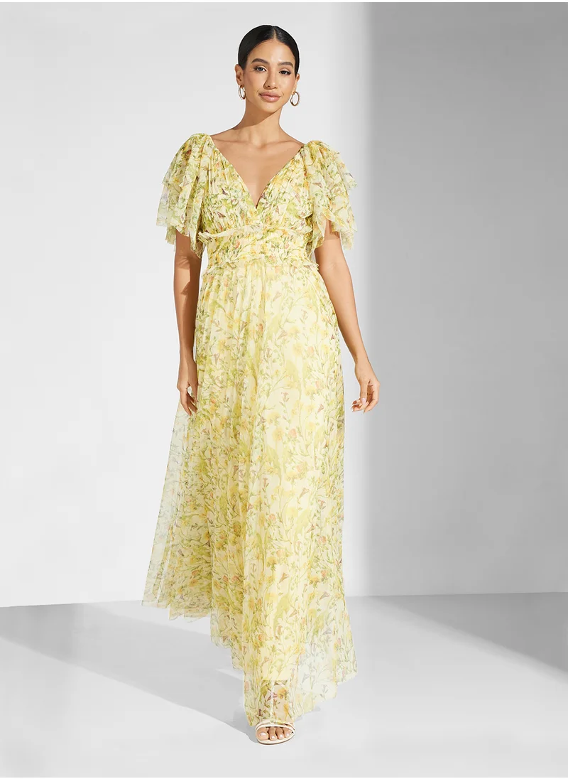 Lace and Beads Floral Seetheart Neck Dress