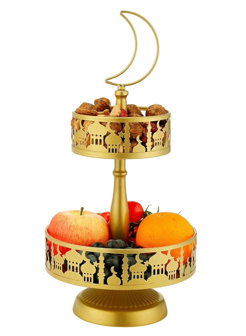 2 Tierd Ramadan Serving Trays, Eid Mubarak Metal Food Trays, Islam Muslim Palace Platters Table Decoration, Eid Al-Fitr Iftar Party Pastry Dessert Cookie Display Holder, Golden - Image 1