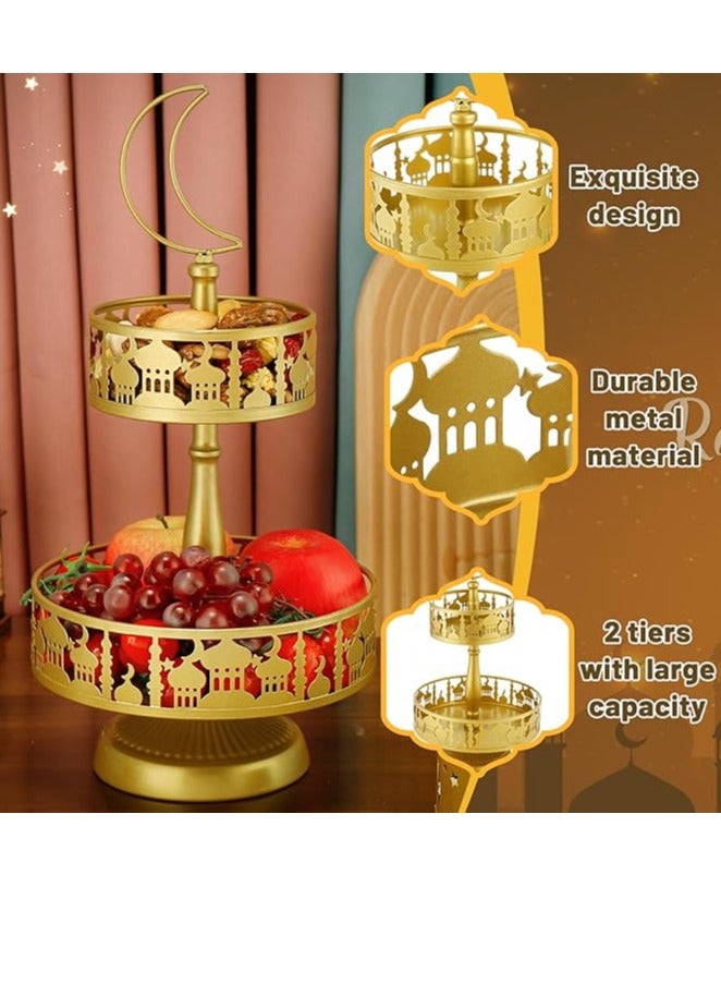 2 Tierd Ramadan Serving Trays, Eid Mubarak Metal Food Trays, Islam Muslim Palace Platters Table Decoration, Eid Al-Fitr Iftar Party Pastry Dessert Cookie Display Holder, Golden - Image 2