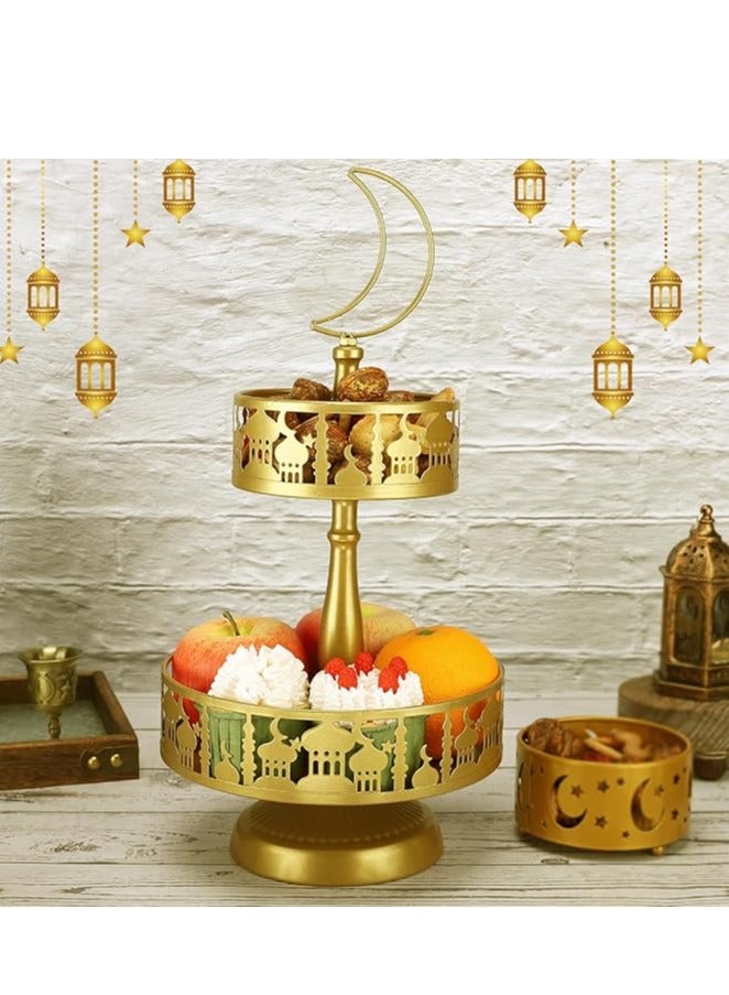 2 Tierd Ramadan Serving Trays, Eid Mubarak Metal Food Trays, Islam Muslim Palace Platters Table Decoration, Eid Al-Fitr Iftar Party Pastry Dessert Cookie Display Holder, Golden - Image 3