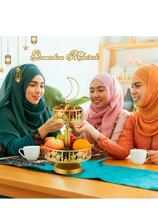 2 Tierd Ramadan Serving Trays, Eid Mubarak Metal Food Trays, Islam Muslim Palace Platters Table Decoration, Eid Al-Fitr Iftar Party Pastry Dessert Cookie Display Holder, Golden - Image 4