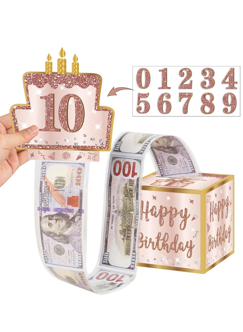 SYOSI صندوق هدايا عيد ميلاد سعيد مع ملصقات DIY لأي عمر، صندوق هدايا مفاجئ لحفلات أعياد الميلاد باللون الوردي الذهبي مع بطاقة سحب للنساء والفتيات، طريقة ممتعة لتقديم النقود كهدايا - Image 1