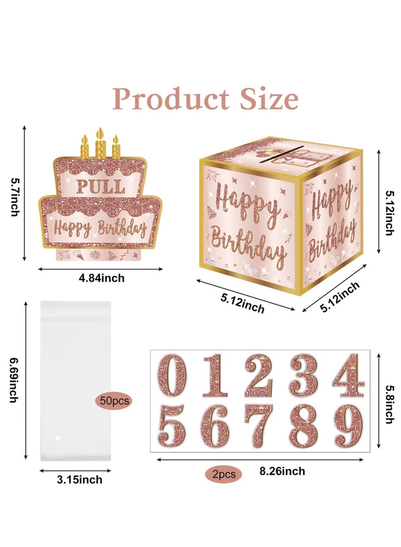 SYOSI صندوق هدايا عيد ميلاد سعيد مع ملصقات DIY لأي عمر، صندوق هدايا مفاجئ لحفلات أعياد الميلاد باللون الوردي الذهبي مع بطاقة سحب للنساء والفتيات، طريقة ممتعة لتقديم النقود كهدايا - Image 4