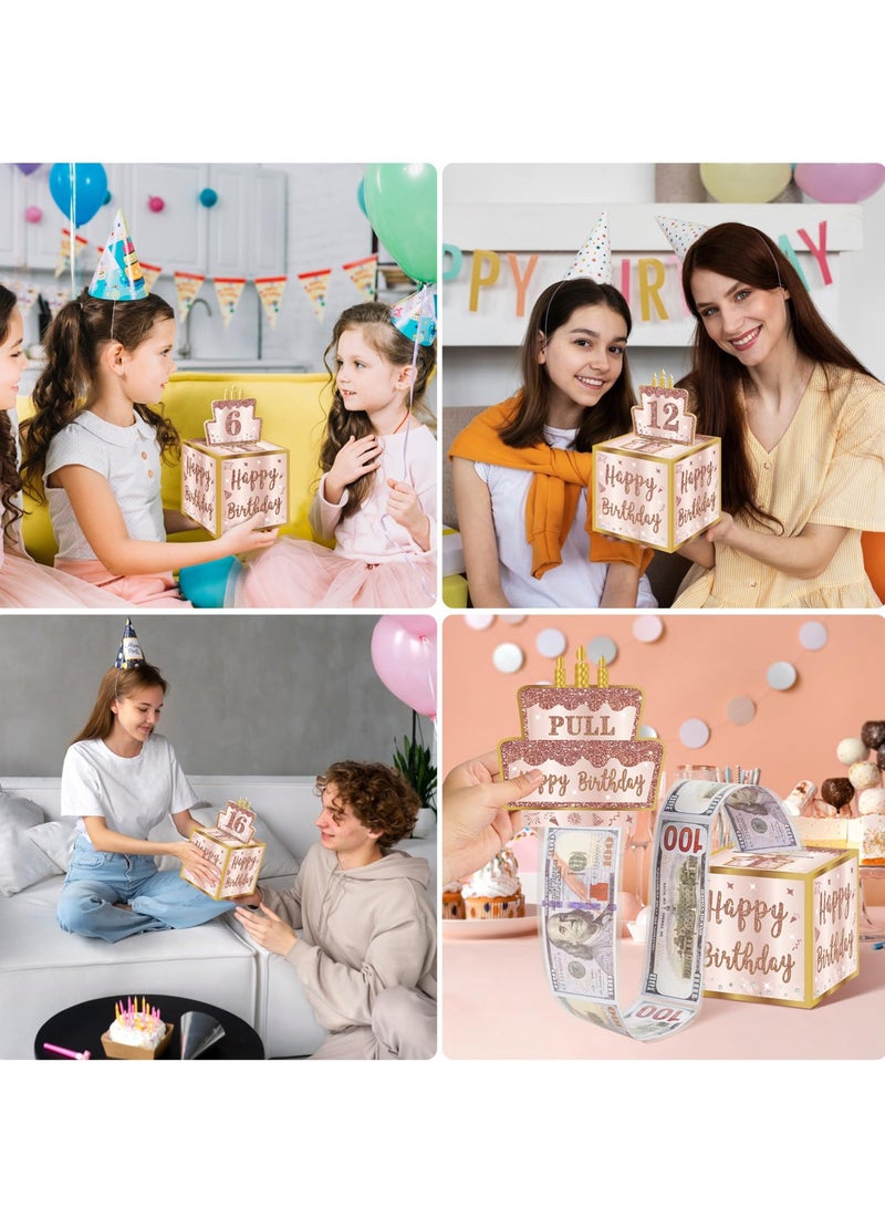 SYOSI صندوق هدايا عيد ميلاد سعيد مع ملصقات DIY لأي عمر، صندوق هدايا مفاجئ لحفلات أعياد الميلاد باللون الوردي الذهبي مع بطاقة سحب للنساء والفتيات، طريقة ممتعة لتقديم النقود كهدايا - Image 5