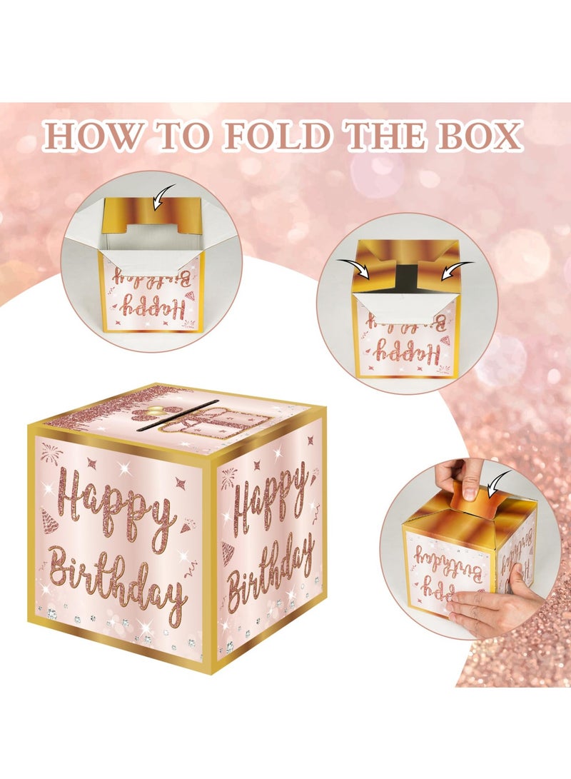 SYOSI صندوق هدايا عيد ميلاد سعيد مع ملصقات DIY لأي عمر، صندوق هدايا مفاجئ لحفلات أعياد الميلاد باللون الوردي الذهبي مع بطاقة سحب للنساء والفتيات، طريقة ممتعة لتقديم النقود كهدايا - Image 2