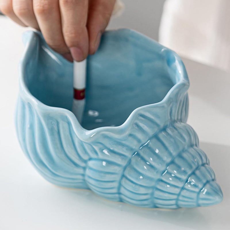 Large Blue Ceramic Conch Ashtray Polished Shell Design Decorative Ash Container for Home Office - Image 5