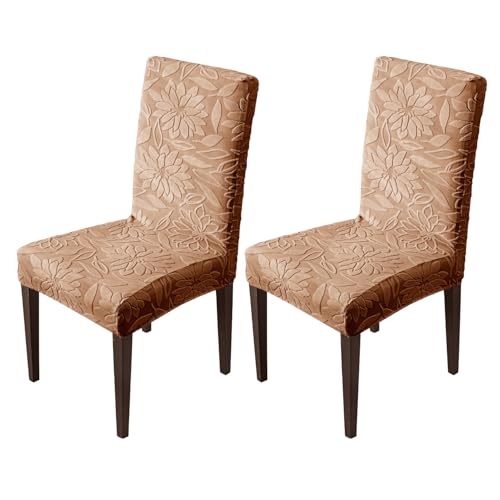 House of Quirk Stretchy Universal Camellia Jacquard Waterproof Chair Cover Removable & Washable Short Dining Chair Cover Protector Seat Slipcover (Camel,Pack of 2) - Image 1