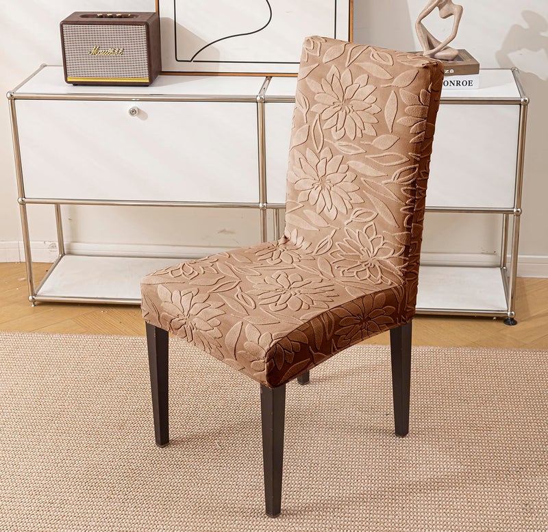 House of Quirk Stretchy Universal Camellia Jacquard Waterproof Chair Cover Removable & Washable Short Dining Chair Cover Protector Seat Slipcover (Camel,Pack of 2) - Image 2
