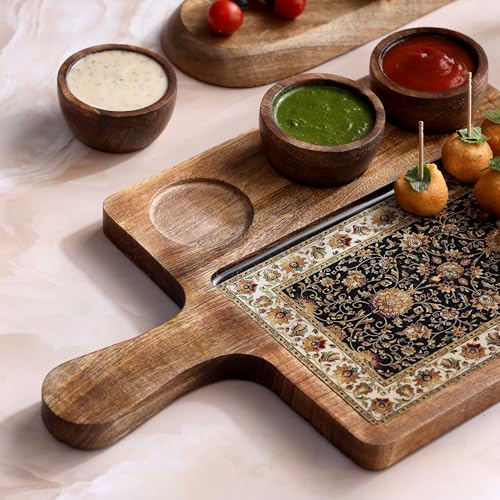 DULI Handcrafted Mango Wood Serving Platter with 3 Dip Bowls | Traditional Jamawar Kashmiri Print | Waterproof, Heat-Resistant, Food-Safe Lacquer Finish | 15.5 x 10 Inch | Made in India (3Katori: Jamawar) - Image 2