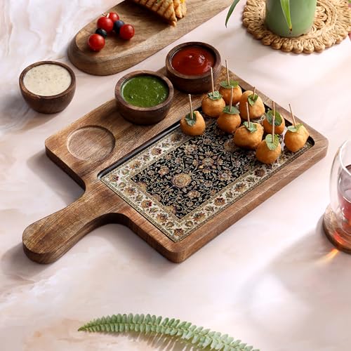 DULI Handcrafted Mango Wood Serving Platter with 3 Dip Bowls | Traditional Jamawar Kashmiri Print | Waterproof, Heat-Resistant, Food-Safe Lacquer Finish | 15.5 x 10 Inch | Made in India (3Katori: Jamawar) - Image 1
