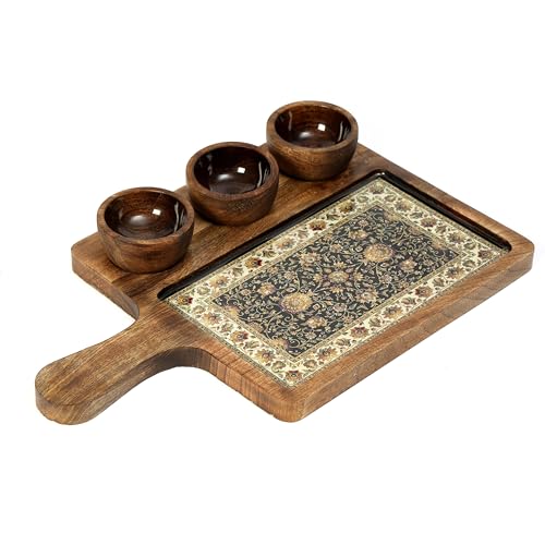 DULI Handcrafted Mango Wood Serving Platter with 3 Dip Bowls | Traditional Jamawar Kashmiri Print | Waterproof, Heat-Resistant, Food-Safe Lacquer Finish | 15.5 x 10 Inch | Made in India (3Katori: Jamawar) - Image 4