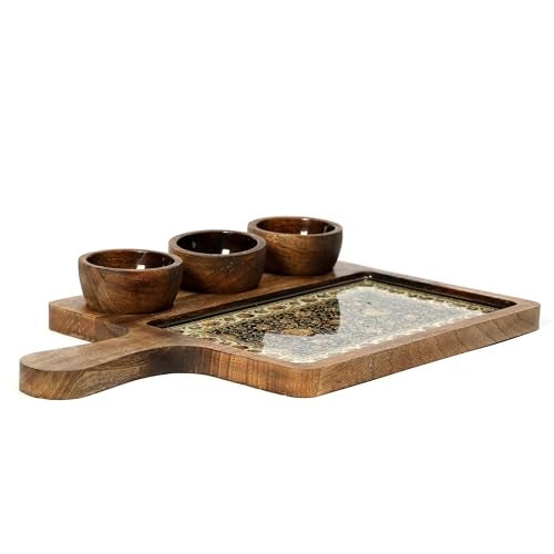 DULI Handcrafted Mango Wood Serving Platter with 3 Dip Bowls | Traditional Jamawar Kashmiri Print | Waterproof, Heat-Resistant, Food-Safe Lacquer Finish | 15.5 x 10 Inch | Made in India (3Katori: Jamawar) - Image 5