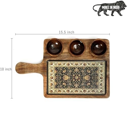 DULI Handcrafted Mango Wood Serving Platter with 3 Dip Bowls | Traditional Jamawar Kashmiri Print | Waterproof, Heat-Resistant, Food-Safe Lacquer Finish | 15.5 x 10 Inch | Made in India (3Katori: Jamawar) - Image 3