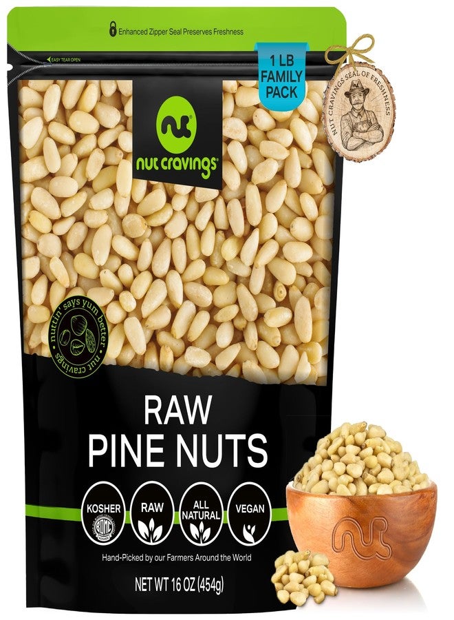 NUT CRAVINGS - Raw Pine Nuts Pignolias, Unsalted, Shelled, (16oz - 1 LB) Packed Fresh in Resealable Bag - Kosher Healthy Snack, Food Assortments Ideal for Trail Mixed Nuts - Image 1
