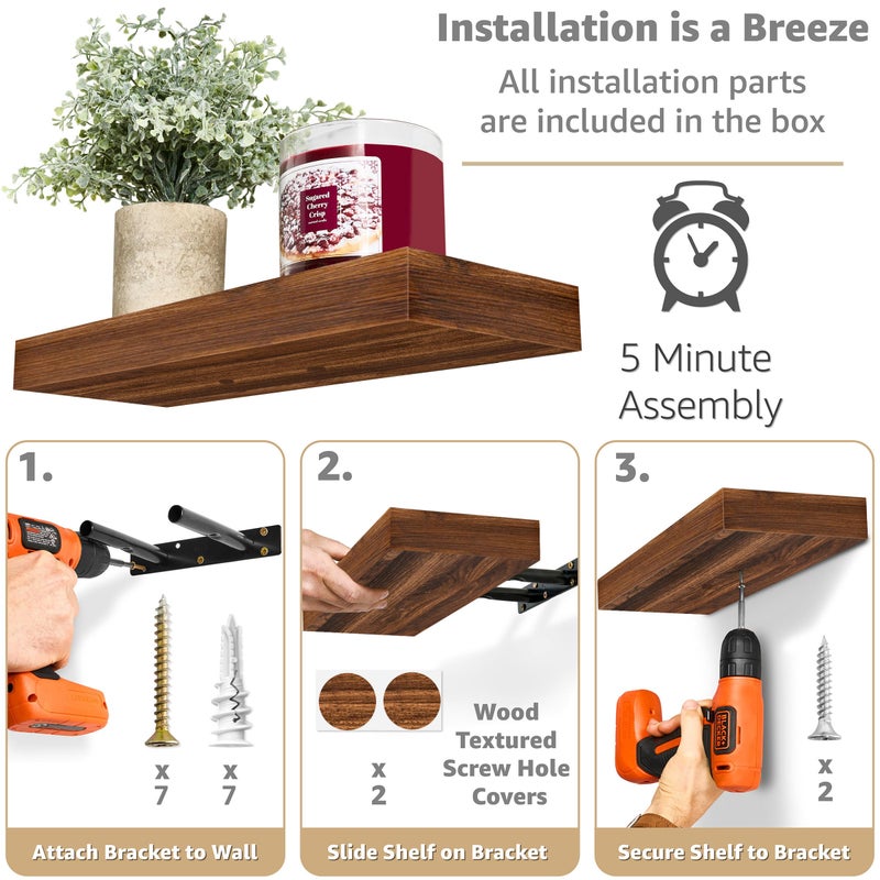 Sorbus Floating Shelves for Wall â€“ 16 Inch Floating Shelf for Kitchen, Bedroom, Living Room, Bathroom, Home & Wall Decor - Mounted Bathroom Shelves with Invisible Brackets (Walnut, 2 Pack) - Image 4