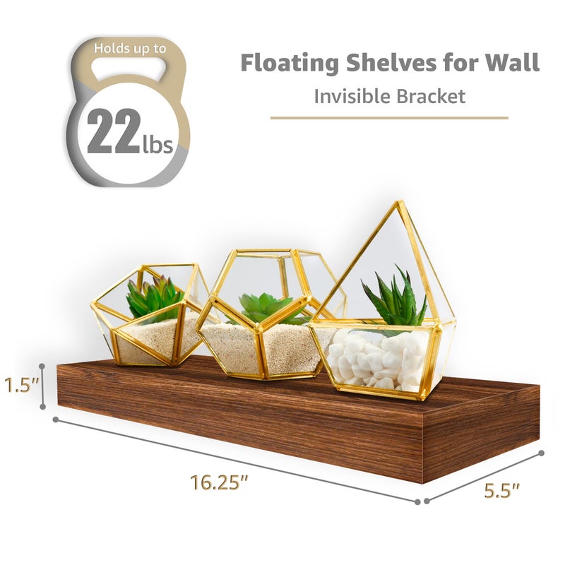 Sorbus Floating Shelves for Wall â€“ 16 Inch Floating Shelf for Kitchen, Bedroom, Living Room, Bathroom, Home & Wall Decor - Mounted Bathroom Shelves with Invisible Brackets (Walnut, 2 Pack) - Image 2