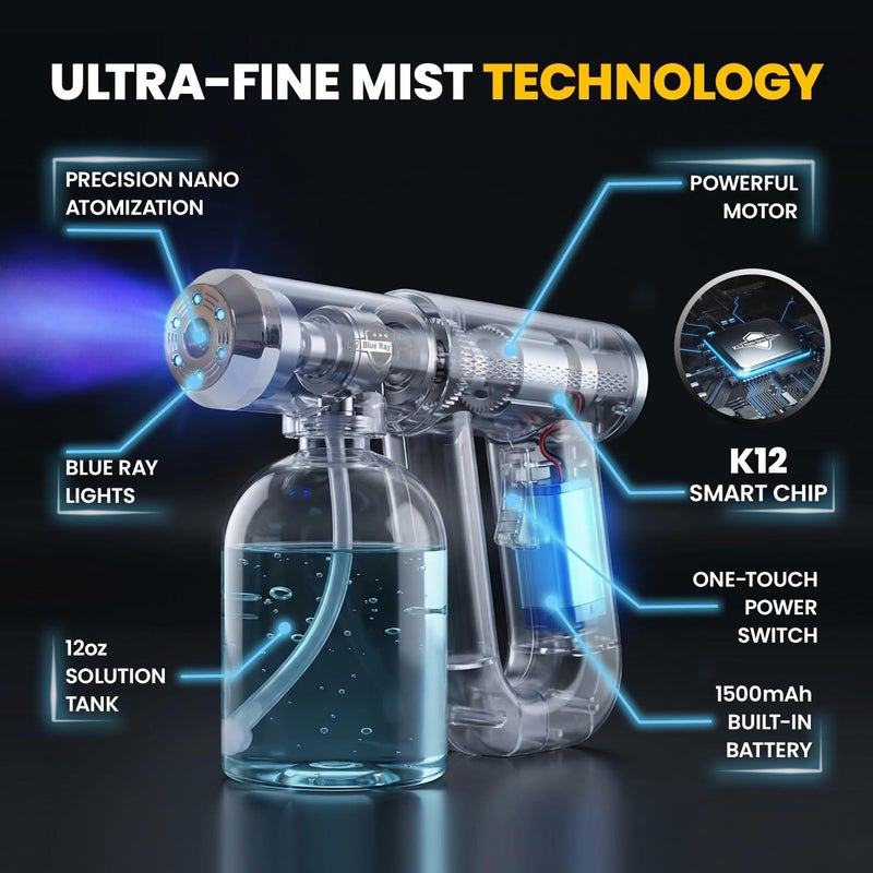 Goodscious Professional Barber Disinfectant Spray Gun, Ultra Fine Mist Sprayer, Black | Continuous Spray Bottle with Blue Light, Easy to Use Lightweight and Rechargeable Sanitizer Gun, Multipurpose Fogger Machine - Image 5