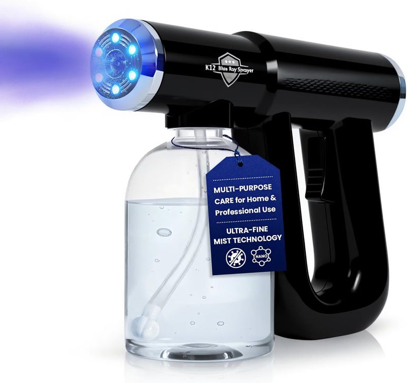 Goodscious Professional Barber Disinfectant Spray Gun, Ultra Fine Mist Sprayer, Black | Continuous Spray Bottle with Blue Light, Easy to Use Lightweight and Rechargeable Sanitizer Gun, Multipurpose Fogger Machine - Image 1