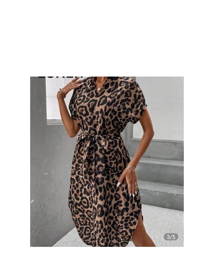 Shein SHEIN Leopard Print Batwing Sleeve Belted Dress  - Image 3