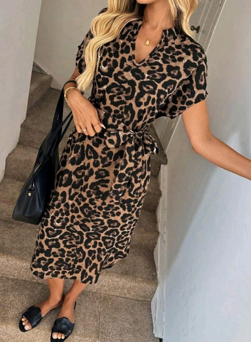 Shein SHEIN Leopard Print Batwing Sleeve Belted Dress  - Image 5